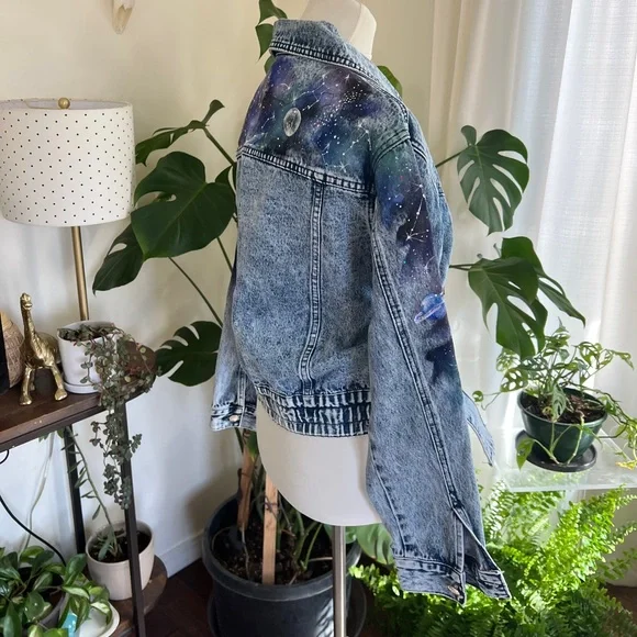 Galaxy Hand Painted Vintage Retro Denim Jean Jacket S/M - Picture 7 of 13